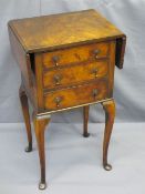 NEAT VINTAGE WALNUT TWIN-FLAP THREE DRAWER SIDE TABLE on cabriole supports, 76cms H, 44cms W,