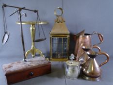 GOOD BRASS TRIPOD TRIVET STAND, copper water jugs, lantern and scales