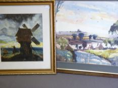 P COLE mixed media - painting of a windmill with a figure on horseback and an unsigned watercolour