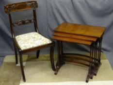 NEST OF THREE TABLES with curved stretcher, a modern rug and an antique dining chair