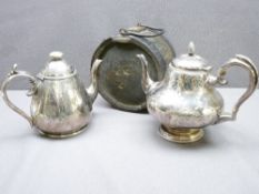 TWO GOOD ELECTROPLATE TEAPOTS and an old iron handled wine or brandy barrel