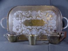 ELECTROPLATE, three piece Art Deco style tea service, mark S and L, and a four-footed tray