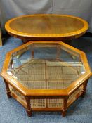 MODERN HEXAGONAL COFFEE TABLE with glass top and cane lower shelf, nest of three modern tables and