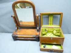 JEWELLERY BOX walnut with upper glaze section and base drawer and a mahogany toilet mirror