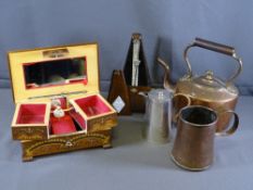 METRONOME, copperware, musical jewellery box and an electroplate coffee pot
