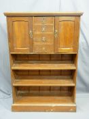 VINTAGE CUPBOARD BOOKCASE having four upper drawers and flanking doors over three open shelves on