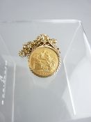 GOLD SOVEREIGN & CHAIN, 1903, 14.3gms including mount and chain