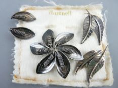 STERLING SILVER BROOCH & EARRING SET by Hartnell - a large six leaf and corn brooch and a pair of