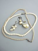 TWO PEARL NECKLACES, a drop pearl necklace and a pair of earrings