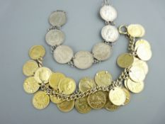 COIN BRACELET of approximately thirty gilt three penny pieces, 57gms and a seven coin, six pence