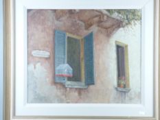 DERRICK JENNINGS oil on canvas - continental exterior scene with two louvred windows, one with