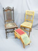 VINTAGE OAK SHOE SHOP FOOT REST with advertising detail and two vintage side chairs, various