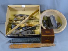 VINTAGE HAND TOOLS including oil cans, a quantity of treenware, turned bowl, page turner ETC