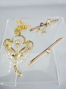 THREE ITEMS OF SEED PEARL & PERIDOT SET JEWELLERY including an Art Nouveau style unmarked and
