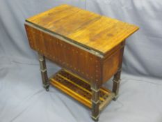 INTERESTING REGENCY MAHOGANY & TEAK FASHIONED WORK TABLE with lift-up rear leaf over twin slim