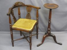 EDWARDIAN MAHOGANY CORNER ARMCHAIR and a turned column circular top torchere on tripod feet, various