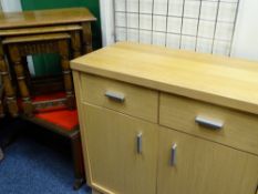 MODERN LIGHTWOOD EFFECT TWO DOOR & TWO DRAWER CUPBOARD, a polished nest of three tables and a red