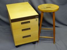 MODERN LIGHTWOOD EFFECT THREE DRAWER FILING CABINET with key and a kitchen stool