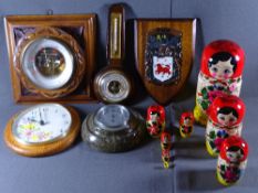 BAROMETERS, coat of Arms plaque and a Russian doll