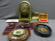 PAINTED MANTEL CLOCK, barometer, brass horse and plough ETC