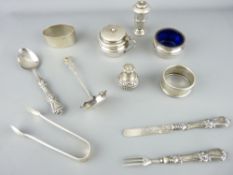 SILVER PARCEL - two napkin rings, condiments, sugar spoon and handled cutlery ETC, 7.8ozs weighable