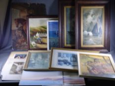 J W GOZZARD PRINTS - a pair of oak framed boating scenes, 44 x 24cms, ERIC WILLIAMS - oil on board -