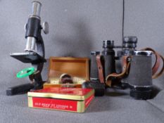 VINTAGE MICROSCOPE WITH SLIDES and a pair of vintage field binoculars
