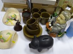 PAIR OF SOLIANWARE BONNETS wall pockets and a parcel of mixed porcelain, and an Ena Sharples novelty