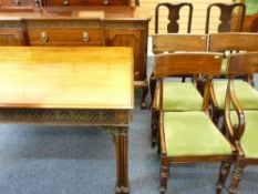 HARLEQUIN DINING SUITE of excellent gothic style table, 76cms H, 150cms L, 105cms W, pedestal type