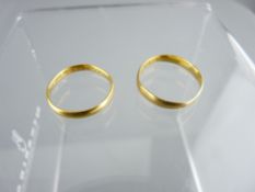 TWO GOLD WEDDING BANDS, narrow 22ct, 3gms total