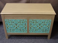 PAINTED BLANKET BOX, modern pine with fine fretwork detail to the front and sides