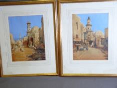 G CASSON watercolours - a pair of Middle Eastern town buildings with figures to the forefront