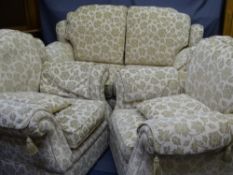 THREE PIECE CREAM SUITE - compact settee and two armchairs, cream coloured