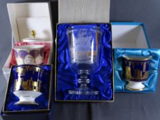 BOXED COALPORT COMMEMORATIVE TANKARDS and a boxed Stuart crystal etched glass vase