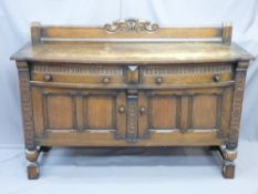 REPRODUCTION OAK RAILBACK SIDEBOARD with carved detail, 104cms H, 155cms W, 54cms D