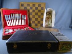WOODEN CHESS BOARD WITH MINERAL PIECES, a part canteen of cutlery, vintage tin tea caddy ETC
