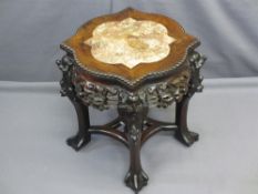 CHINESE HARDWOOD SIDE TABLE with inset pink marble top and carved lower detail, 46cms H, 39cms top