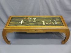 CHINESE SHAPED HARDWOOD COFFEE TABLE with shibayama type inlaid top, 44cms H, 131cms W, 53cms D