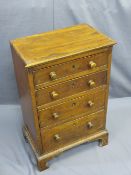NEAT MAHOGANY CHEST OF FOUR DRAWERS with turned wood knobs on ogee corner bracket fee, 74cms H,