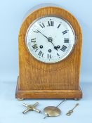 DOME TOP OAK WESTMINSTER CHIME MANTEL CLOCK with pendulum and key, 34cms H, 25cms W