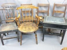 SELECTION OF ANTIQUE OAK & VINTAGE FARMHOUSE CHAIRS with an ebonized box seat piano stool, various