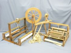 THREE VINTAGE WOODEN WEAVING LOOMS, an antique style spinning wheel and a mixed quantity of