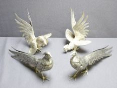 PAIR OF WHITE METAL PEACOCKS and a pair of white metal cockerels