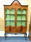 CIRCA 1910 MAHOGANY DISPLAY CABINET with shaped top over twin arch glazed doors and slender
