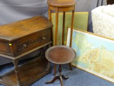 HALL TABLE with single drawer, wine table, two tier planter, folding card table and a framed map (