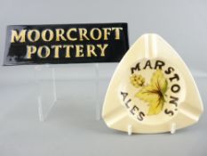 'MOORCROFT POTTERY' double sided advertising tablet, 18cms long and a triangular cream ground