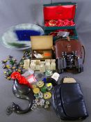 TELESCA COLMONT CASED VINTAGE BINOCULARS, an art glass bowl, signed 'Miseur', quantity of assorted