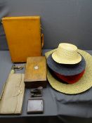 TAN LEATHER BRIEFCASE, assortment of ladies' hats, work box ETC