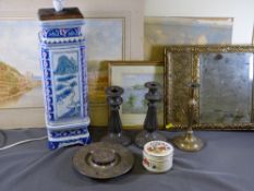 ELKINGTON PLATED INKWELL, brass candlesticks, porcelain vase, mirrors, paintings ETC