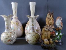 TWO PAIRS OF STAFFORDSHIRE VASES and Country Artist and similar owl ornaments
